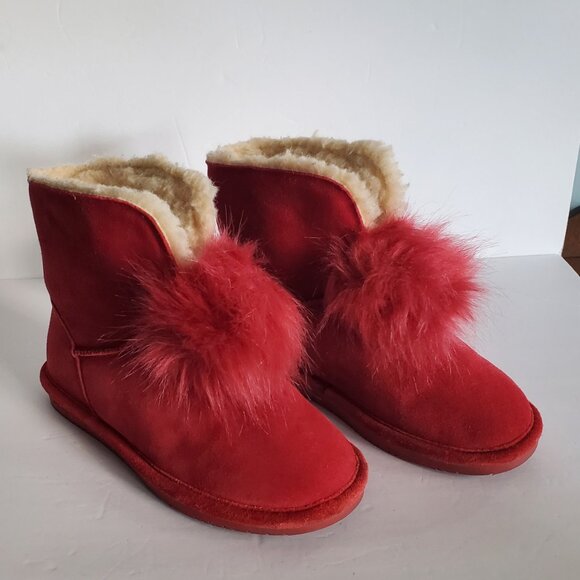 Bearpaw Red Libby Suede Sheepskin & Wool Pom Pom Winter Boots Women's US 9-EU 40 - Picture 1 of 10